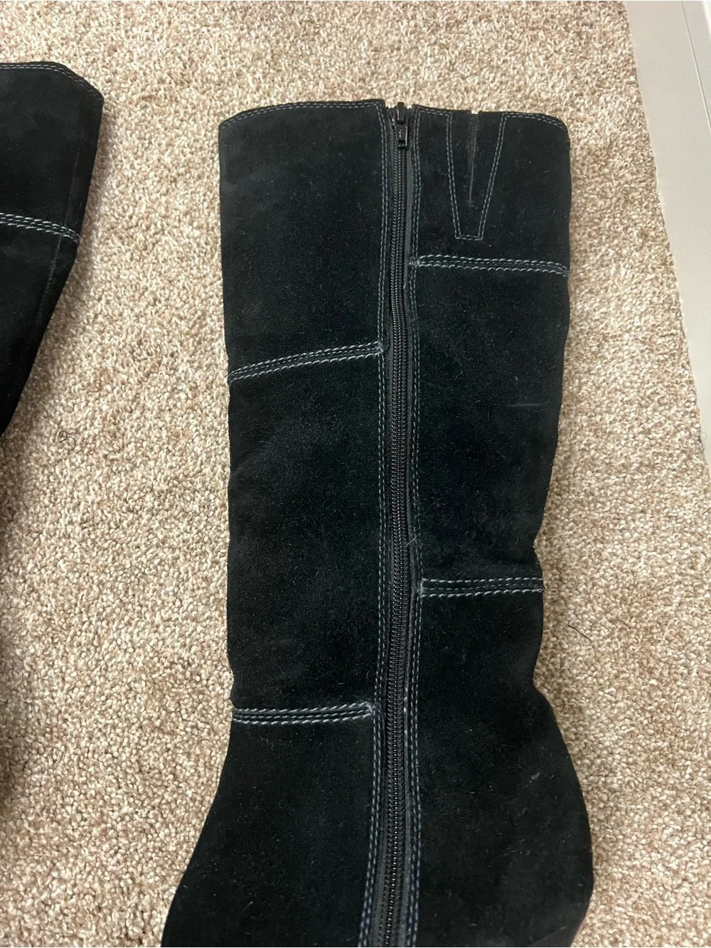 Genuine Stylish black suede knee boots with a comfortable wedge heel.
